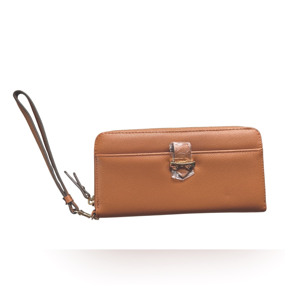 NWOT Anne Klein Tan Zip Around Wallet With Gold Tone Bow Detail & Wristlet Strap
